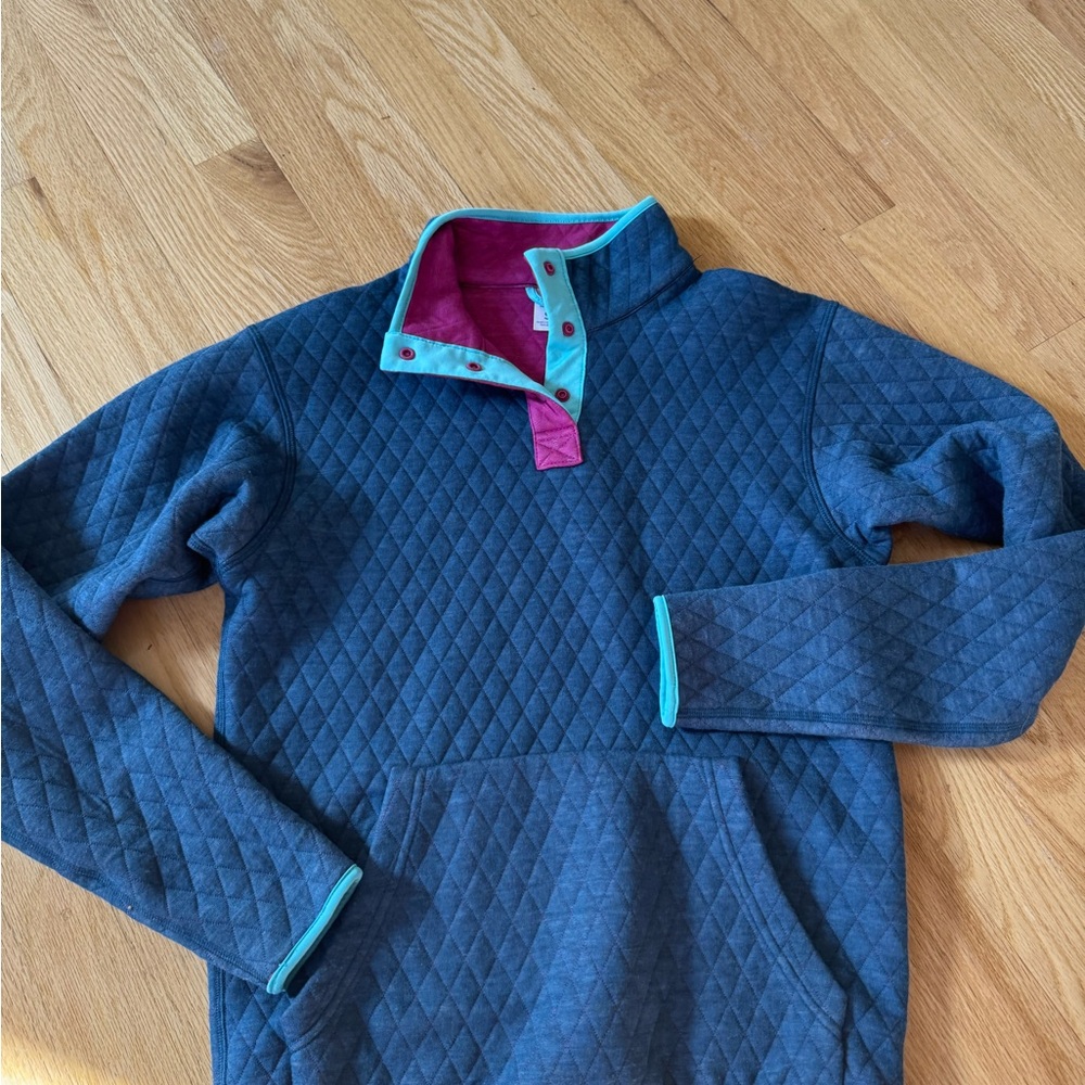 Marine Layer Blue and Pink Polo Collar Long Sleeve Hoodie